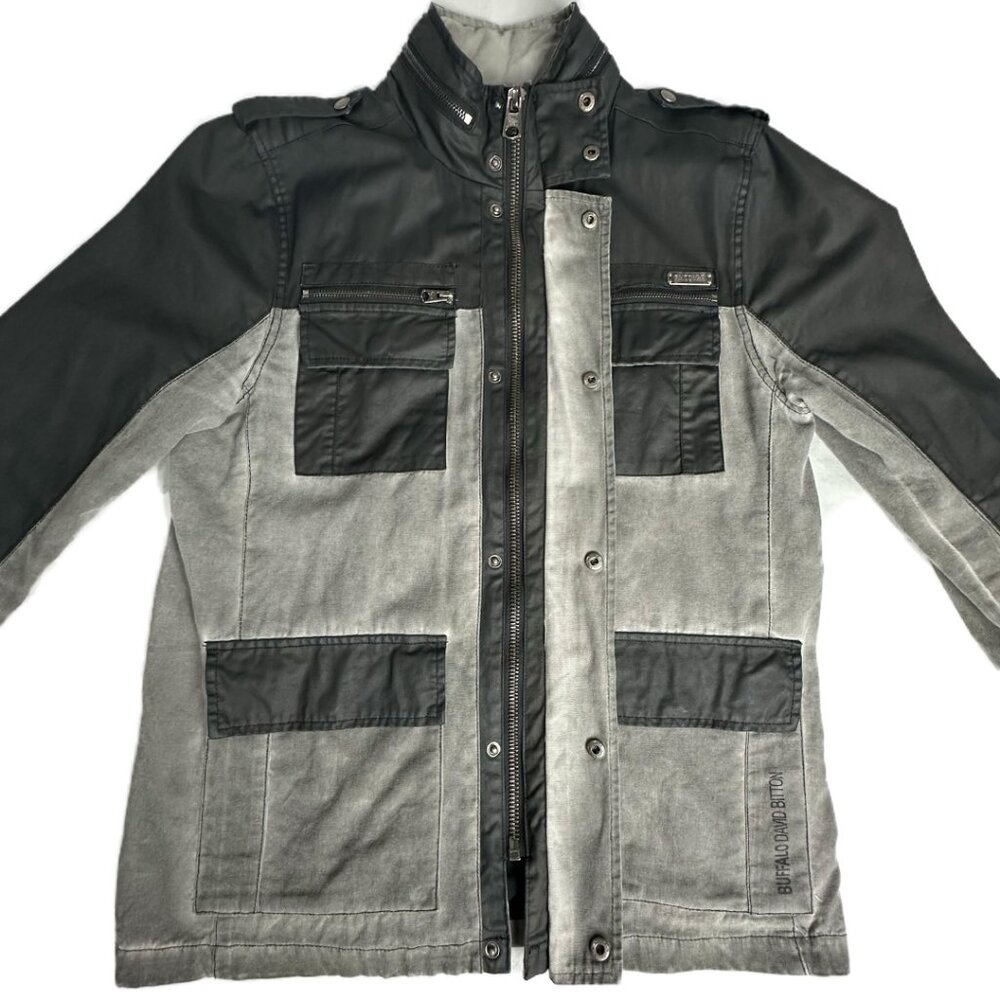 Buffalo David Bitton Men’s Gray Utility Jacket Sz M Zip-Up Hood Pockets Military